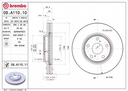 Тормозной диск Brembo 09.A110.10 передний Camry