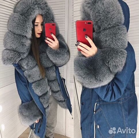 Джинсовая парка с натуральным мехом песца