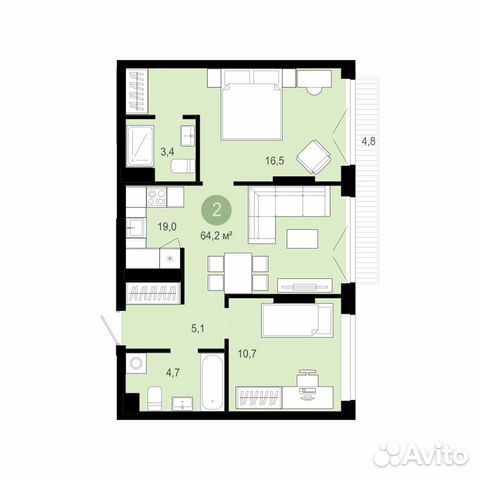 2-к квартира, 64.2 м², 2/12 эт. 2-к квартира, 64.2 м², 2/12 эт.