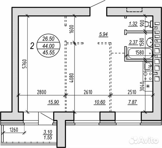 2-к квартира, 45.6 м², 5/10 эт.