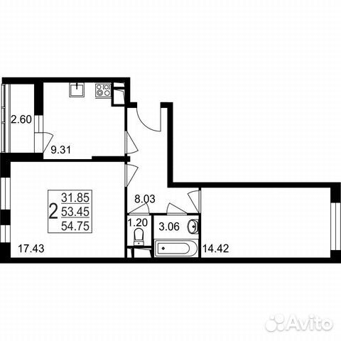 2-к квартира, 54.8 м², 8/8 эт.