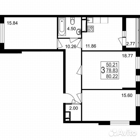 3-к квартира, 80.2 м², 6/8 эт.