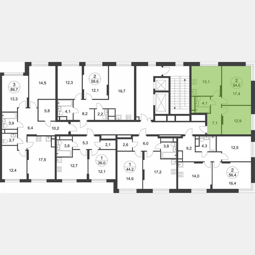 2-к. квартира, 54,6 м², 15/17 эт.