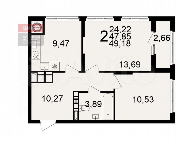 2-к. квартира, 49,2 м², 16/25 эт.