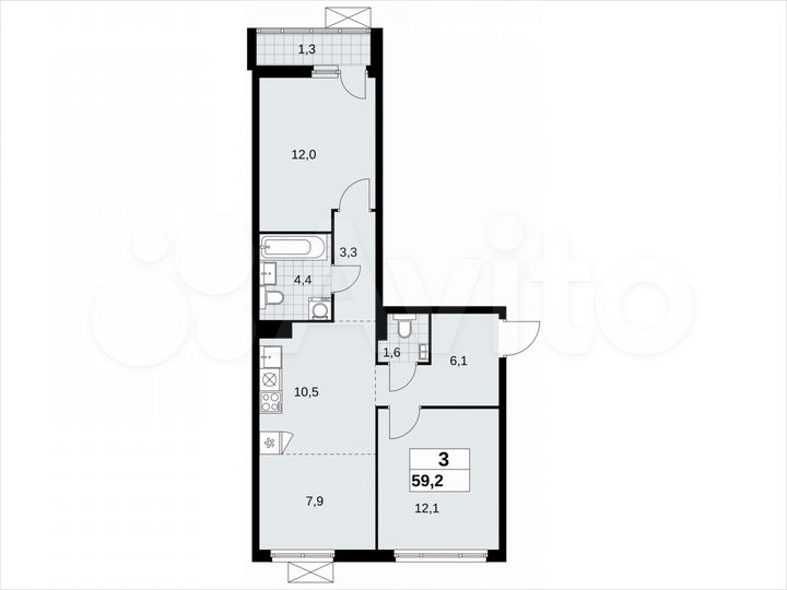 3-к. квартира, 59,2 м², 6/13 эт.