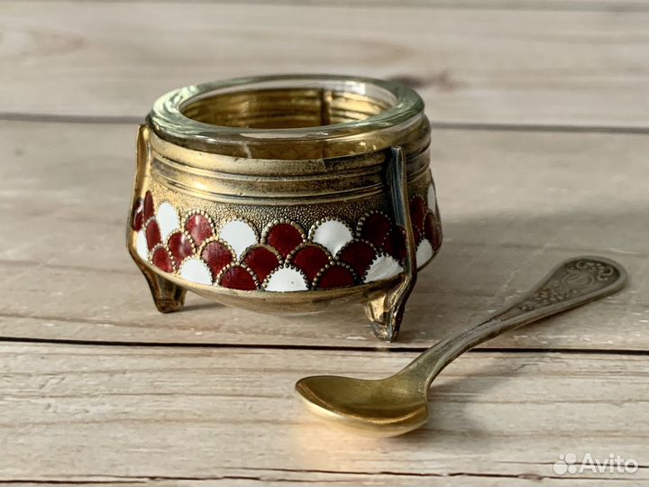 Мельхиоровая солонка с ложечкой эмаль СССР винтаж