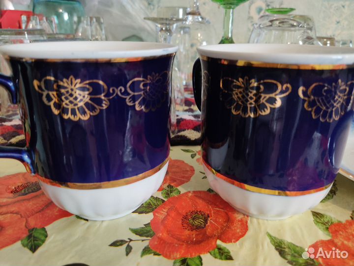 2 чашки большие фарфор кобальт+блюдце