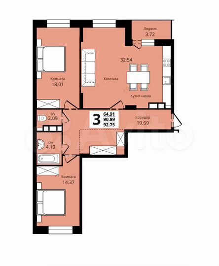3-к. квартира, 92,8 м², 3/17 эт.