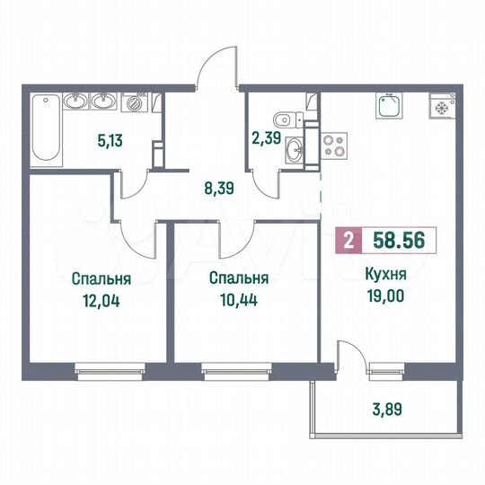 2-к. квартира, 58,6 м², 12/16 эт.