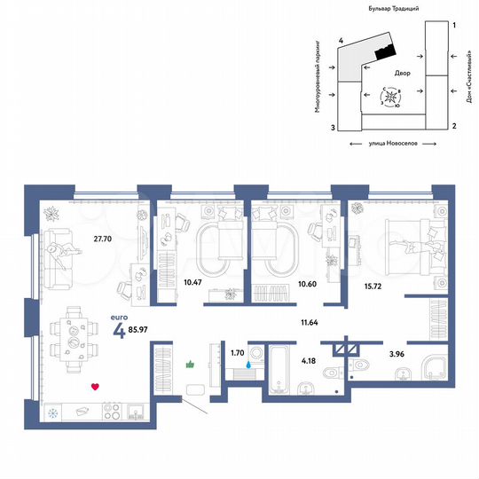 4-к. квартира, 86 м², 5/16 эт.