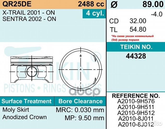 Поршень nissan teana/X-trail QR25DE с пальцем