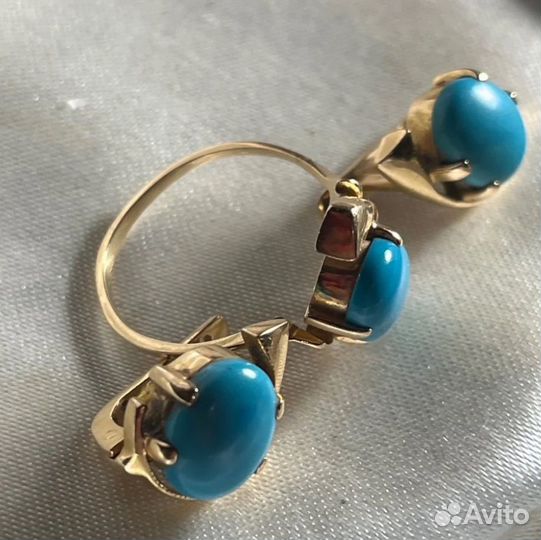 Золотые серьги с бирюзой кольцо