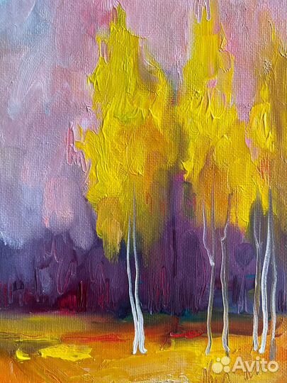 Картина с пейзажем осень утро березы масло холст