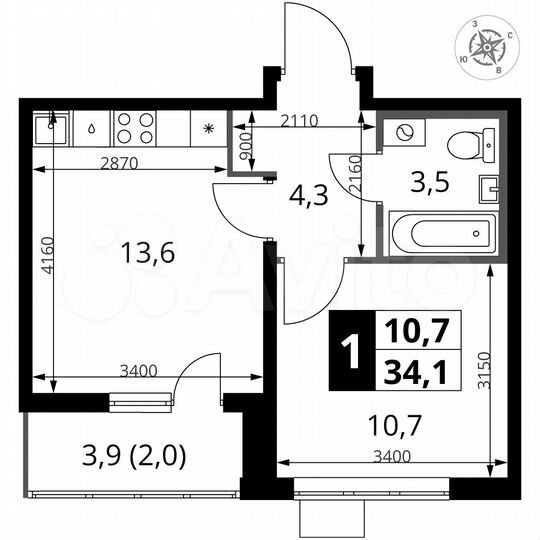 1-к. квартира, 34,1 м², 2/25 эт.