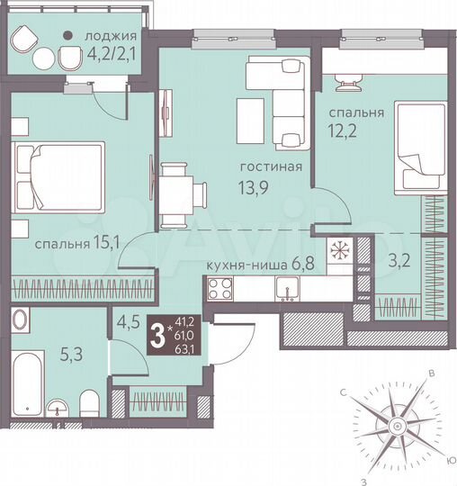 3-к. квартира, 63,1 м², 2/16 эт.
