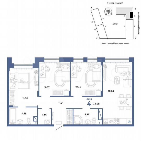 4-к. квартира, 73,1 м², 10/16 эт.