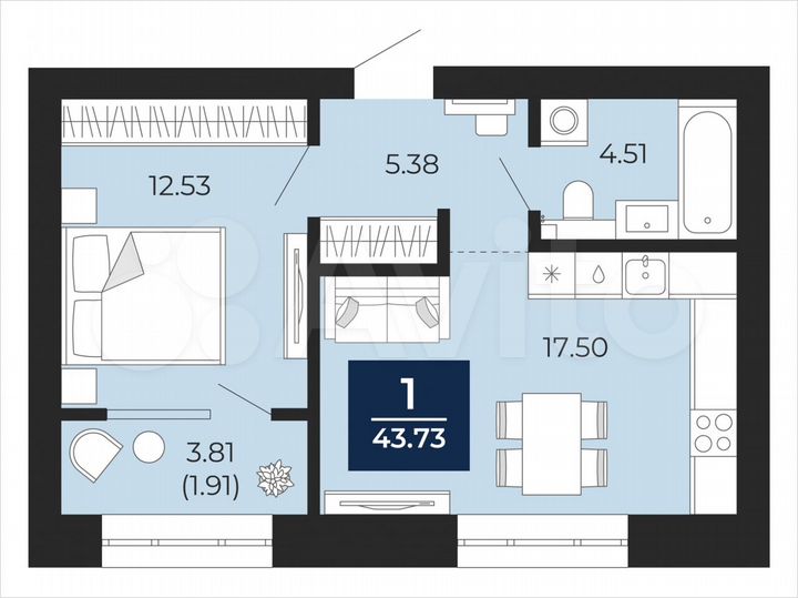 1-к. квартира, 43,7 м², 5/12 эт.