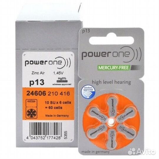 Батарейки к слуховому аппарату PowerOne тип 10, 13