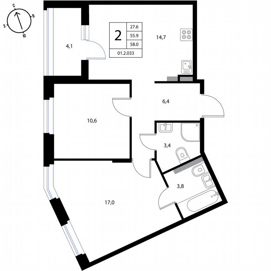 2-к. квартира, 58 м², 2/3 эт.