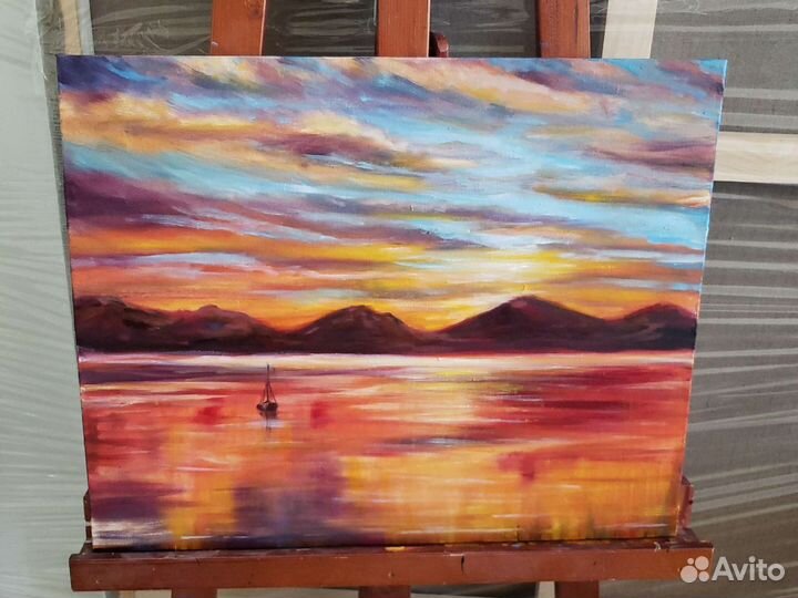 Большая Картина маслом пейзаж море закат парусник