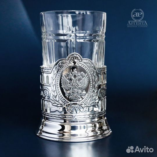 Серебряный подстаканник «Герб России» с ложкой