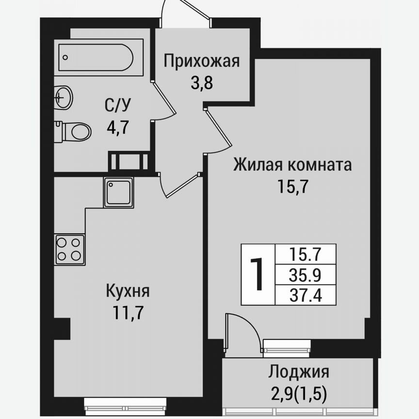 1-к. квартира, 38,9 м², 2/15 эт.