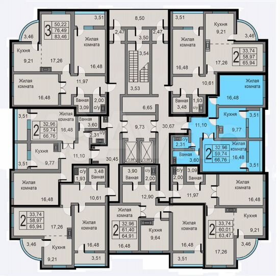 2-к. квартира, 66,8 м², 7/19 эт.