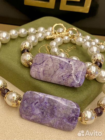 Шикарный комплект Чароит Жемчуг Аметист позолота