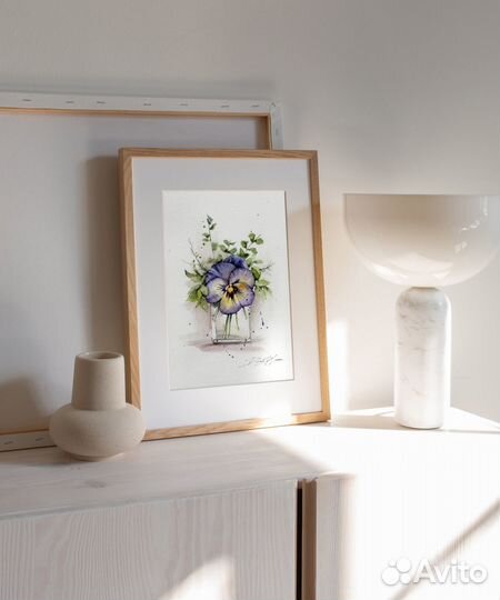 Картина акварелью цветы Анютины глазки 30 х 21см