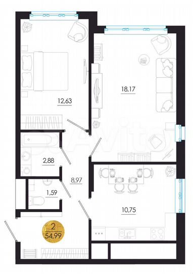 2-к. квартира, 55 м², 21/25 эт.