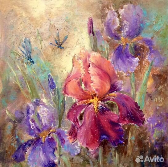 Ирисы, картина маслом с цветами