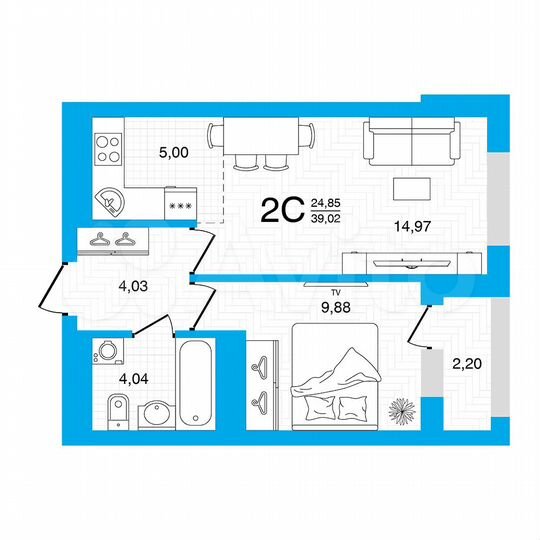 2-к. квартира, 39 м², 2/22 эт.