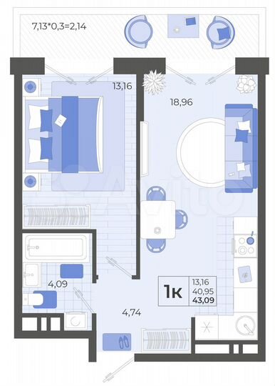 1-к. квартира, 43,1 м², 2/14 эт.
