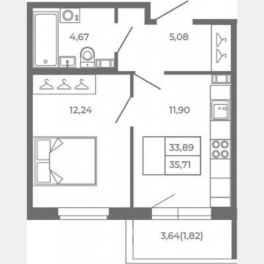1-к. квартира, 33,9 м², 2/4 эт.