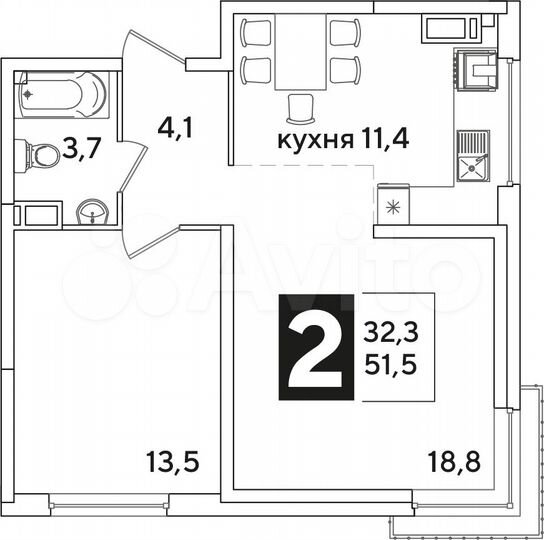 2-к. квартира, 51,5 м², 13/16 эт.