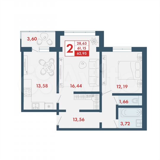 2-к. квартира, 63 м², 5/16 эт.