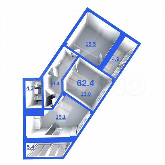 2-к. квартира, 62,4 м², 9/9 эт.