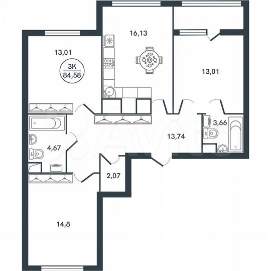 3-к. квартира, 84,6 м², 4/17 эт.