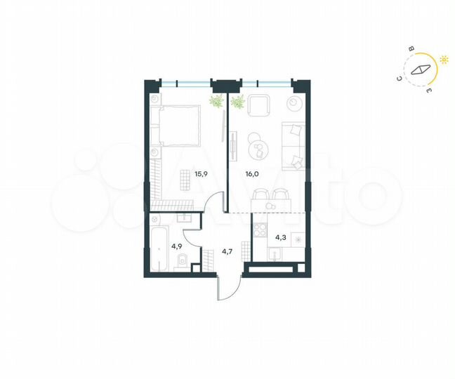 2-к. квартира, 45,8 м², 2/19 эт.