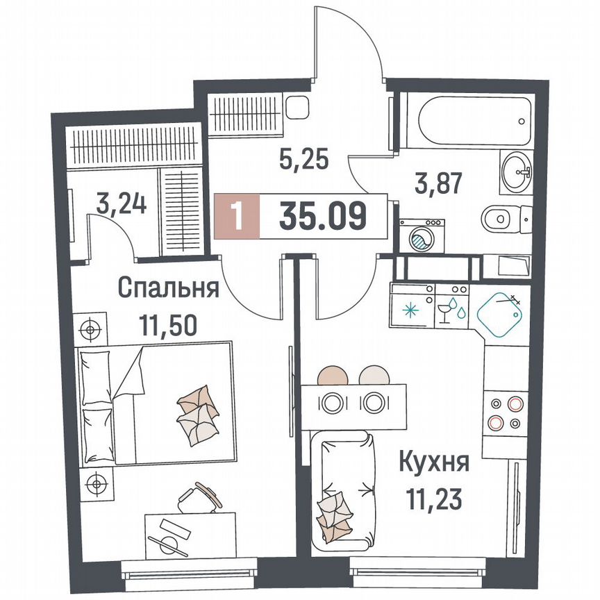 1-к. квартира, 35,1 м², 3/18 эт.