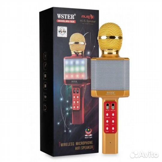 Колонка микрофон Bluetooth караоке WS-1828 золото