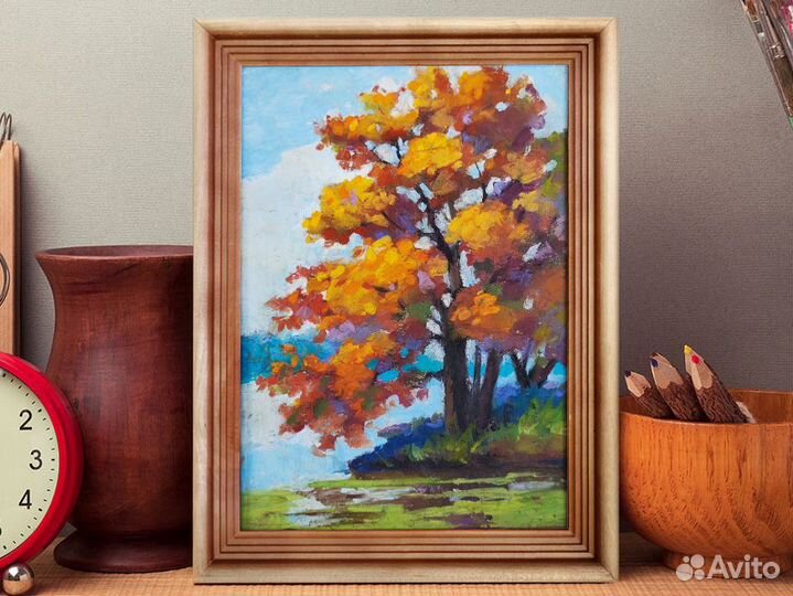 Картина осень пейзаж с рекой ручной работы в раме