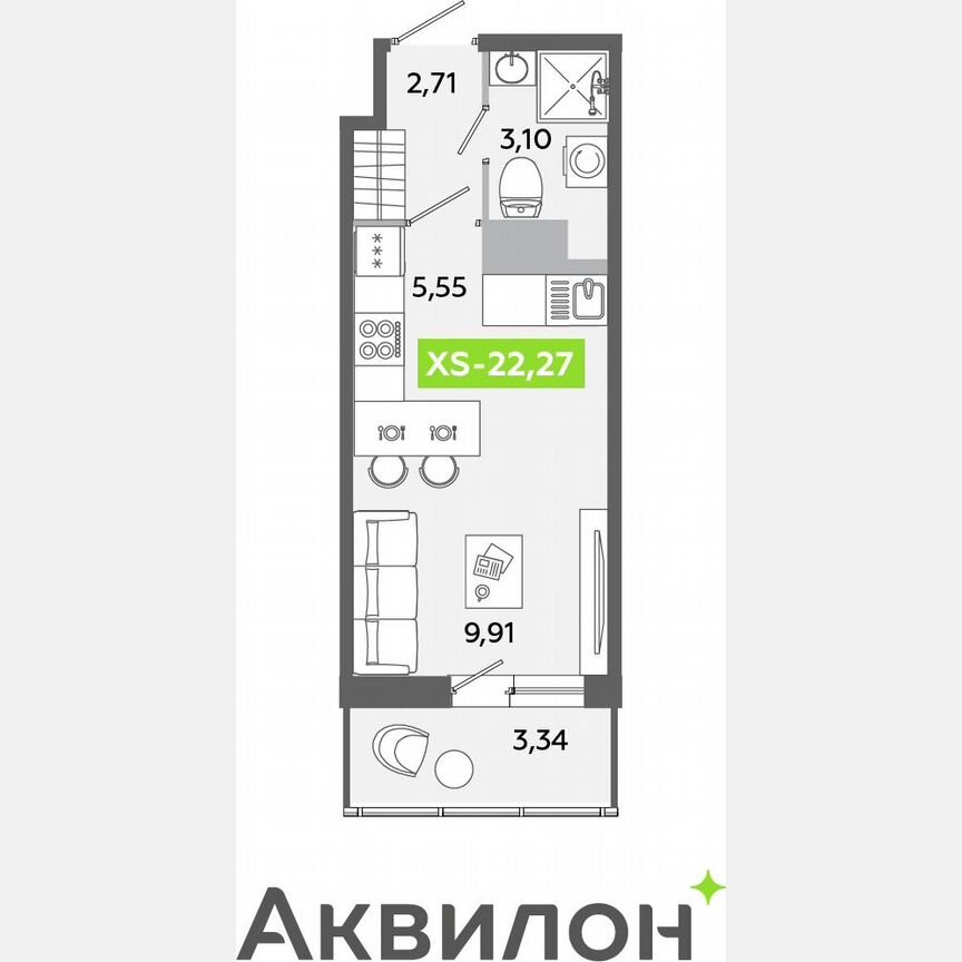 Квартира-студия, 22,3 м², 10/12 эт.