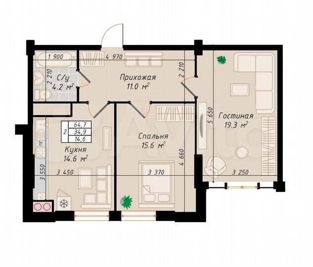 2-к. квартира, 64,7 м², 2/10 эт.