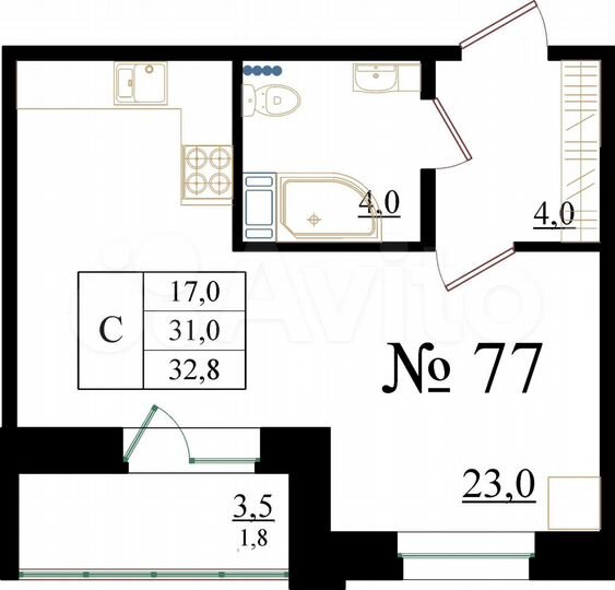Квартира-студия, 32,8 м², 2/8 эт.
