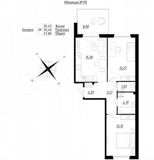 2-к. квартира, 57,8 м², 1/5 эт.