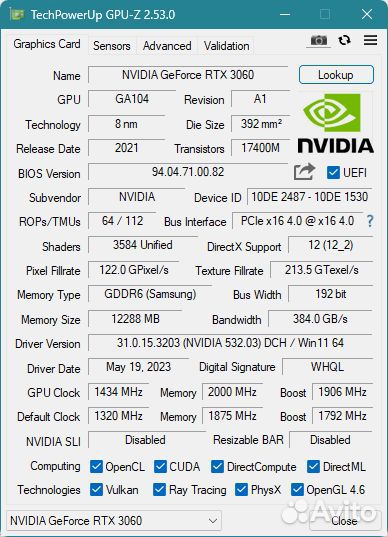 Видеокарта inno3D GeForce RTX 3060 twin X2 OC 12Gb