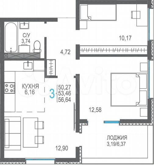 3-к. квартира, 53,5 м², 4/8 эт.