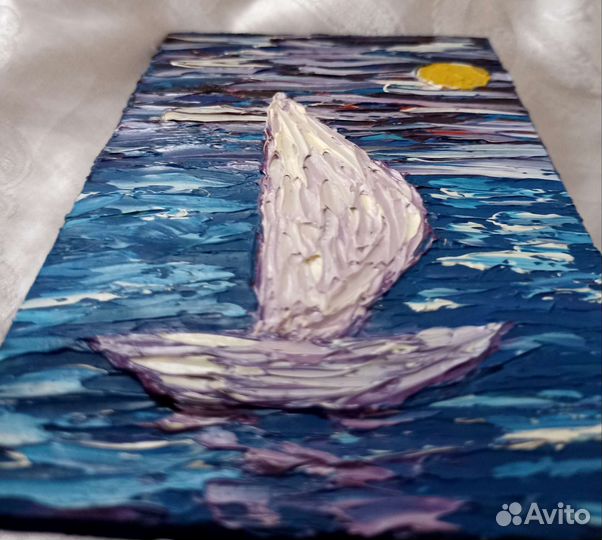 Парусник картина маслом на бумаге миниатюра