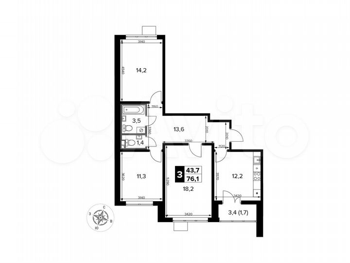 3-к. квартира, 76,1 м², 10/21 эт.